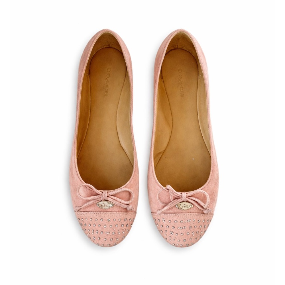 Coach Doreen Pink Suede Studded Ballet Flats Bow Cap Toe Size 6